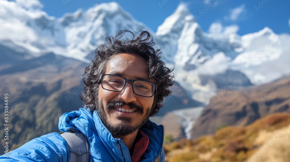 Man taking a selfie in front of snowy mountains smiling wearing glasses and a blue jacket sunny day Man taking a selfie in front of snowy mountains smiling wearing glasses and a blue jacket sunny day