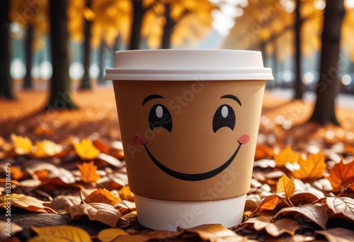 Create a 3D cartoon animated disposable coffee cup with a smiling face.