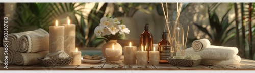 An elegant spa setup with candles  towels  orchids  and aroma sticks