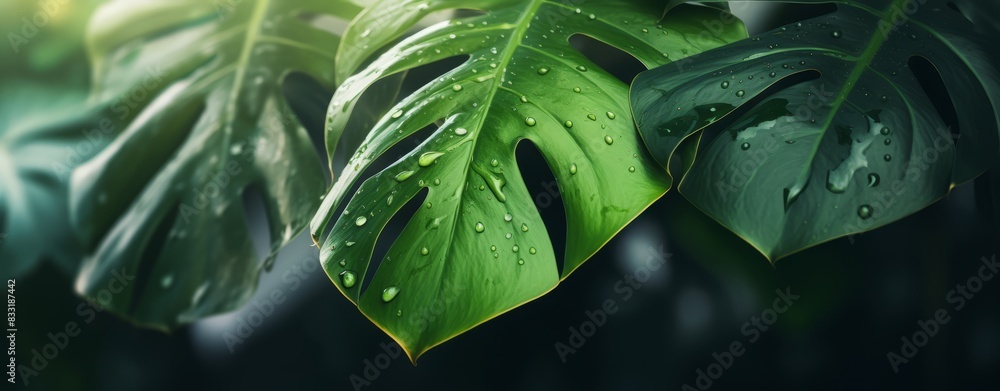 Fototapeta premium Tropical jungle green leaves background, fern, palm and Monstera Deliciosa leaf on wall with dark green, nature floral forest plant pattern concept background, horizontal
