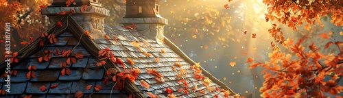 An autumn chimney scene, with a sunlit roof and leaves