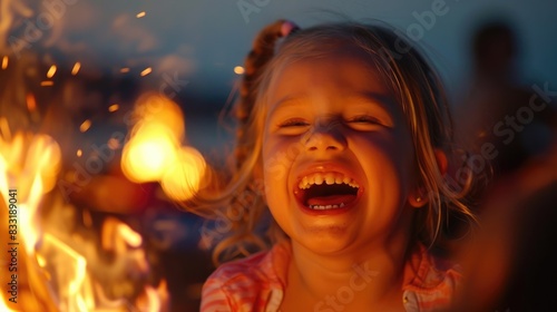 A little girl is happily laughing in front of a crackling fire at midnight  enjoying the warmth and the dancing flames in the darkness of night AIG50