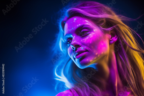Attractive woman with fluorescent powder on face and body glowing under UV light in dark background. Generative AI
