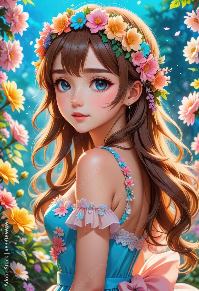 Create a 3D cartoon animated scene featuring a beautiful girl wearing a flowing dress and a flower crown. Create a 3D cartoon animated scene featuring a beautiful girl wearing a flowing dress and a flower crown.