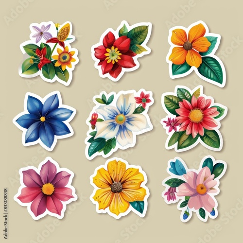 Flower Stickers top view botanical theme cartoon drawing Split-complementary color scheme