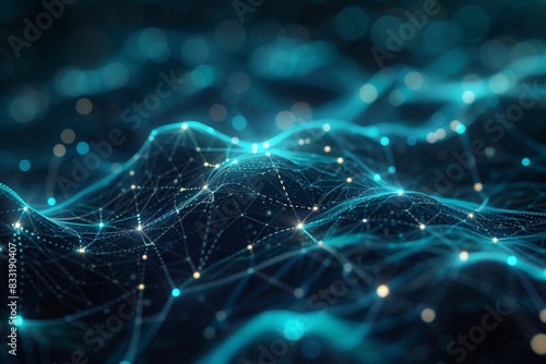 Abstract blue digital wave with glowing particles and lines.  Concept for technology, data, network.