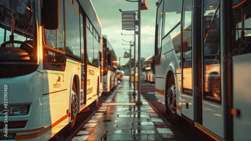 Bus et autocars stationnés dans une gare routière photo