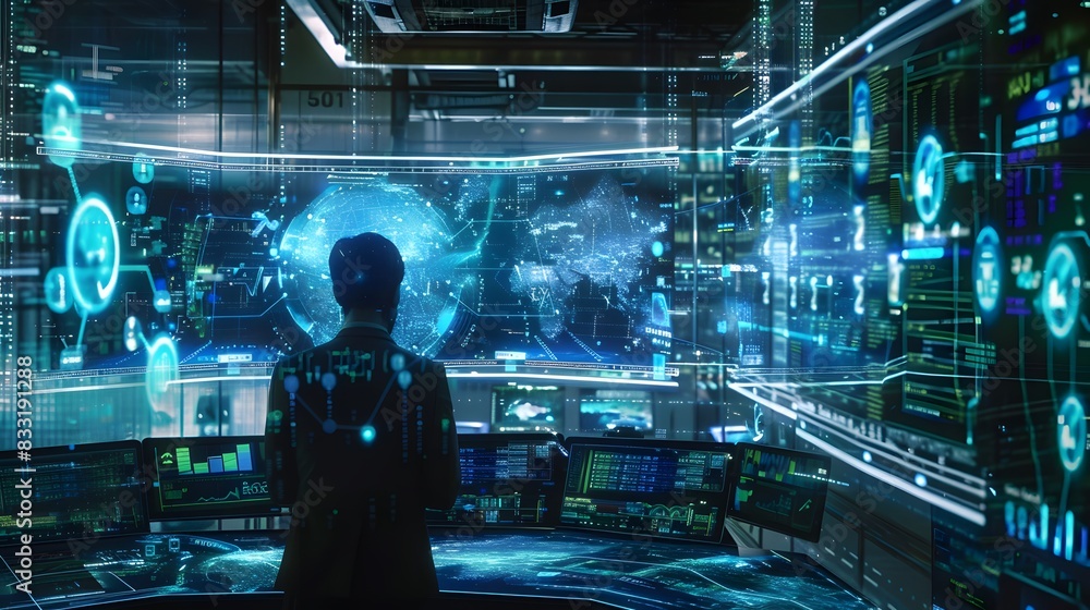 A futuristic scene of a data analyst at a workstation with holographic screens and digital data, symbolizing advanced technology. A futuristic scene of a data analyst at a workstation with holographic screens and digital data, symbolizing advanced technology.