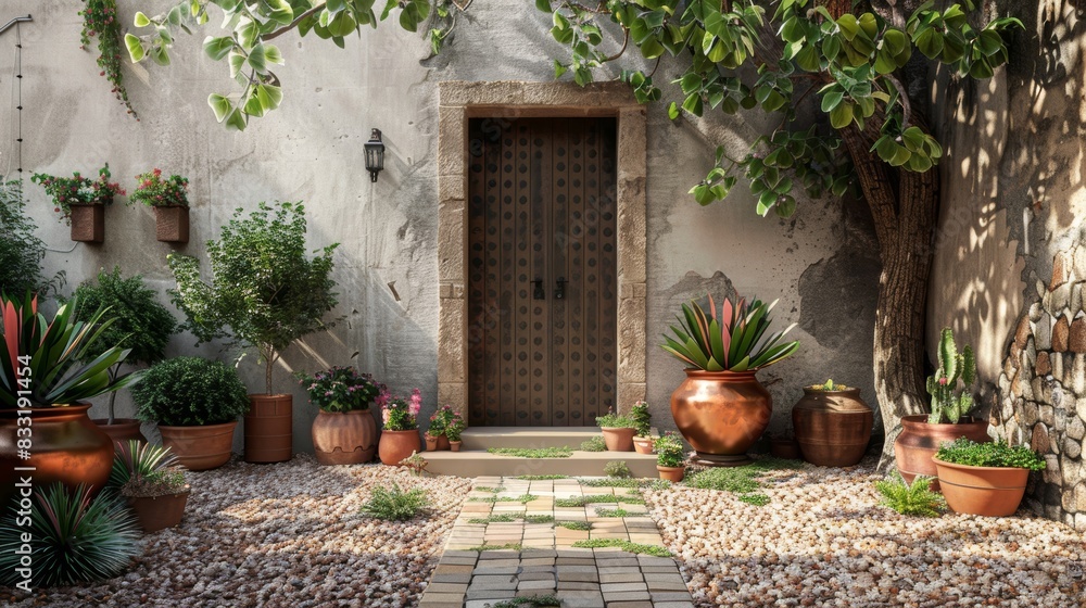 Copper podium on a rustic Mediterranean terrace, front view, warm sunlight, potted plants Copper podium on a rustic Mediterranean terrace, front view, warm sunlight, potted plants