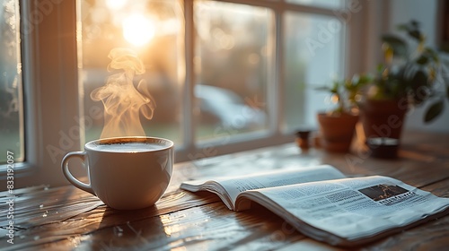Wallpaper Mural A close-up of a wooden table with a steaming coffee cup, an open newspaper, and warm morning light from a blurry window backdrop. Torontodigital.ca