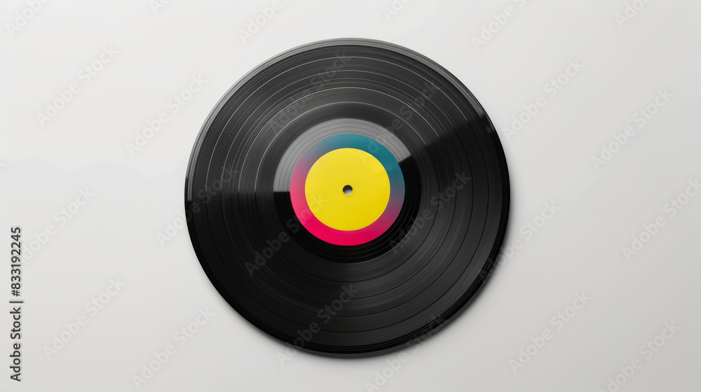 Vinyl record on white background. A black vinyl record with a colorful label, isolated on a white background. Perfect for music-themed projects. Vinyl record on white background. A black vinyl record with a colorful label, isolated on a white background. Perfect for music-themed projects.
