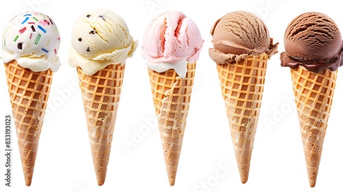 ice cream scoops in cones isolated on white background