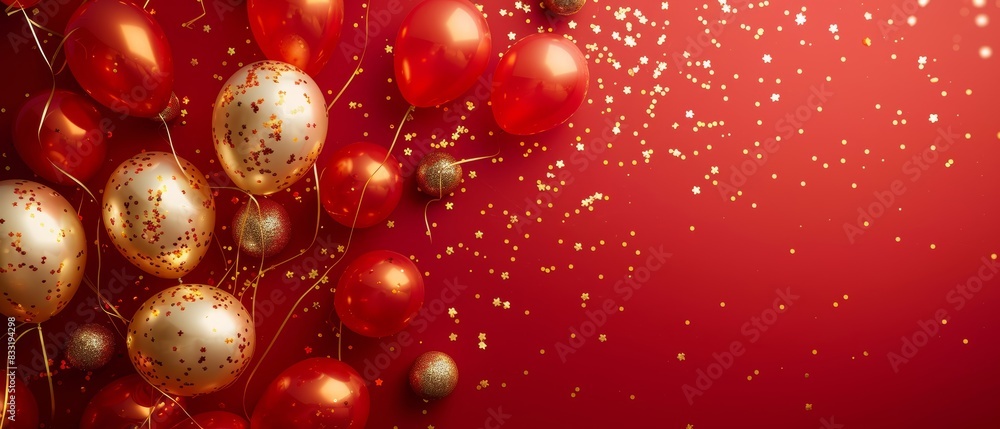 Carnival festival with red and gold balloons, background celebration banner, party or birthday, bright red backdrop Carnival festival with red and gold balloons, background celebration banner, party or birthday, bright red backdrop