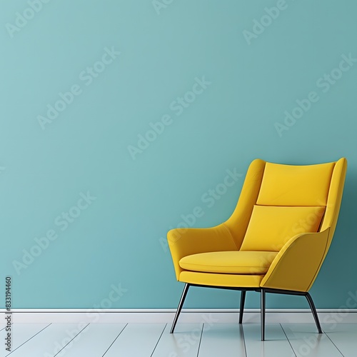 yellow armchair against a blue wall background