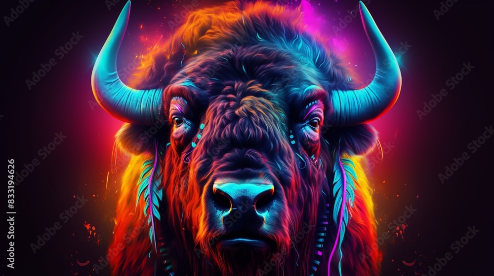Neon bison painting with abstract animal design, vibrant colors Neon bison painting with abstract animal design, vibrant colors