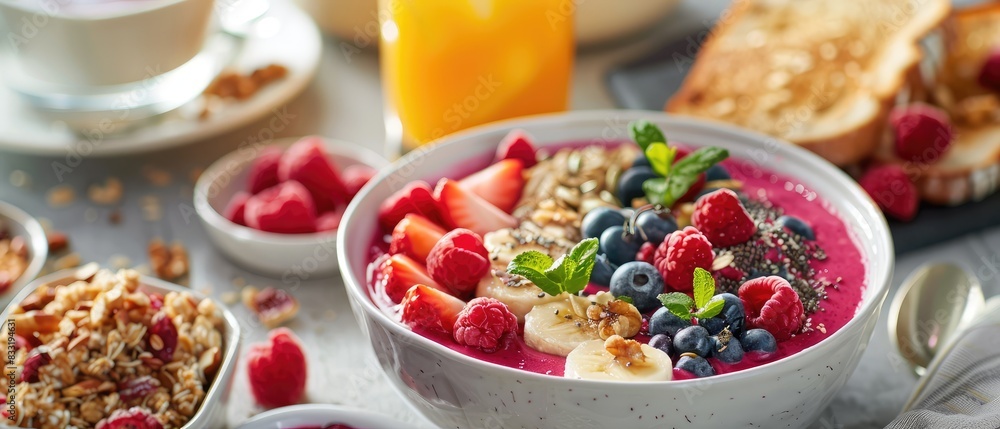 A vibrant breakfast spread featuring a bowl of fresh fruit slices including kiwi, banana, and orange, topped with nuts and seeds.
