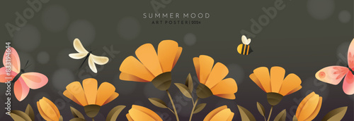 Bright banner with yellow flowers, butterflies, bee and dragonfly.   Yellowbuds, bright butterflies, horizontal vintage background. Summer illustration for banner, poster, advertising or flyer.