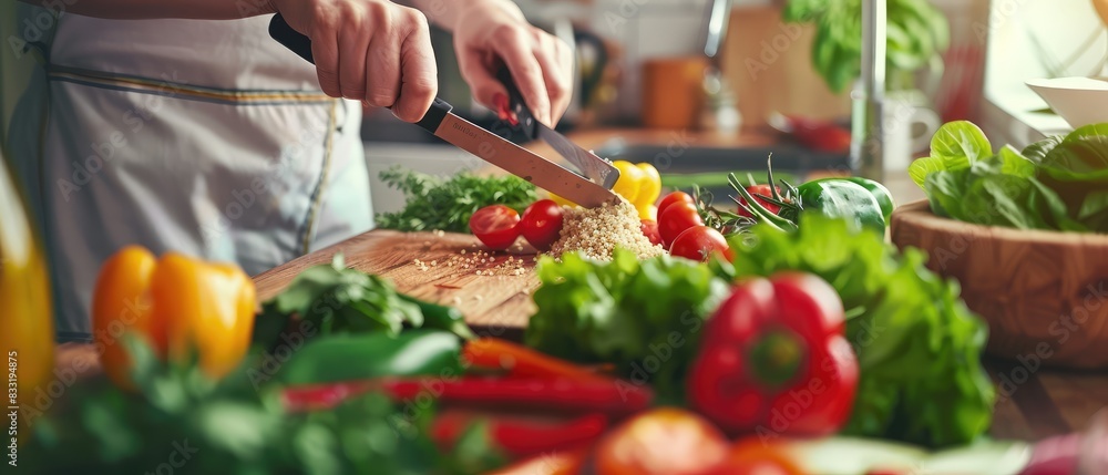 A close-up of hands chopping vegetables on a wooden cutting board, surrounded by fresh produce like tomatoes, bell peppers, and greens. A close-up of hands chopping vegetables on a wooden cutting board, surrounded by fresh produce like tomatoes, bell peppers, and greens.
