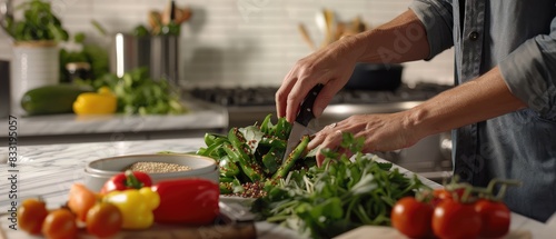 A close-up of hands chopping vegetables on a wooden cutting board  surrounded by fresh produce like tomatoes  bell peppers  and greens.