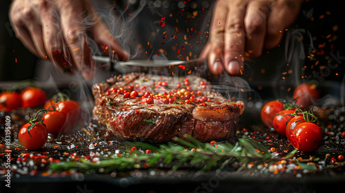 Chef hands cooking meat steak, food concept photo