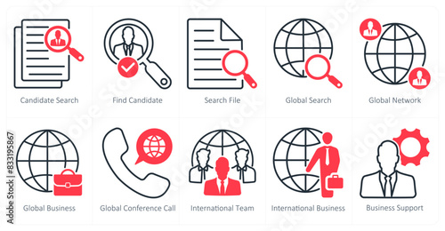 A set of 10 business and office icons as candidate search, find candidate, search file