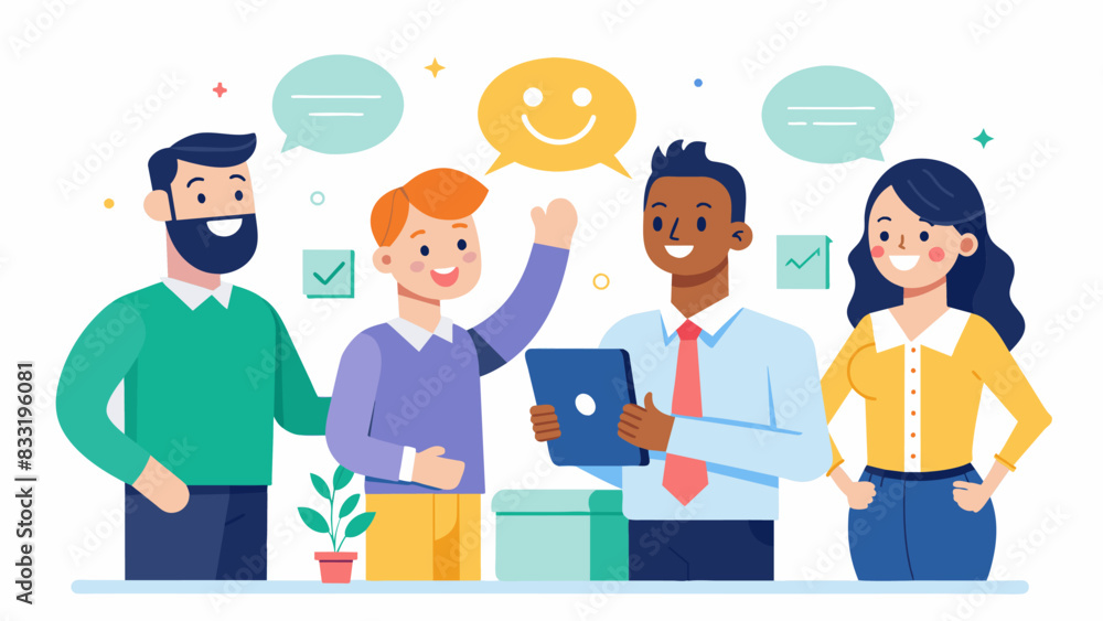 Throughout the day the new hire is met with nods smiles and introductions from colleagues making them feel like they belong.. Vector illustration Throughout the day the new hire is met with nods smiles and introductions from colleagues making them feel like they belong.. Vector illustration