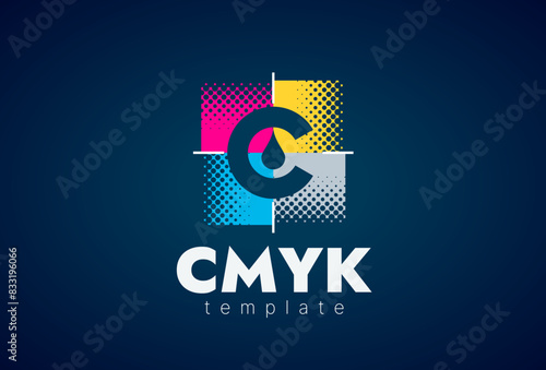 Logo CMYK squares dots color print. Abstract test control scales Polygraphy theme. Template design vector. Black background.