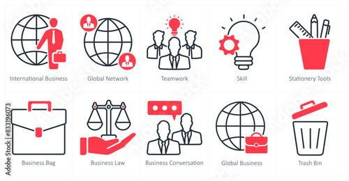 A set of 10 business and office icons as international business, global network, teamwork