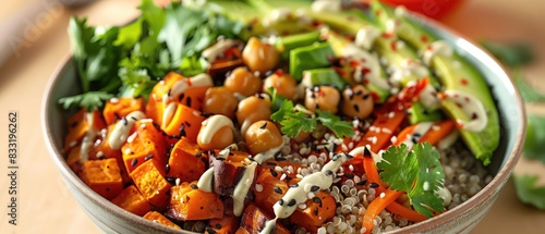A colorful vegan Buddha bowl filled with quinoa, roasted sweet potatoes, chickpeas, avocado, and fresh greens, drizzled with a creamy tahini dressing.
