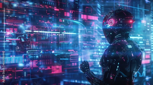 A futuristic cyborg stands before a glowing wall of digital data