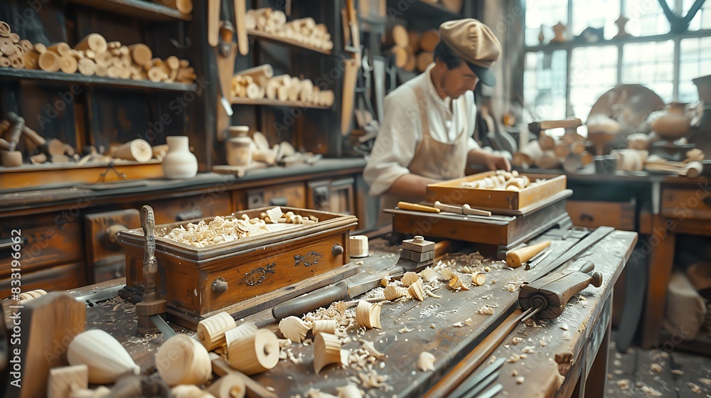 A detailed shot of a crafting table with traditional woodworking tools and hand-carved items, against a hazy background of a workshop, emphasizing the artistry and skill in craft-making. A detailed shot of a crafting table with traditional woodworking tools and hand-carved items, against a hazy background of a workshop, emphasizing the artistry and skill in craft-making.