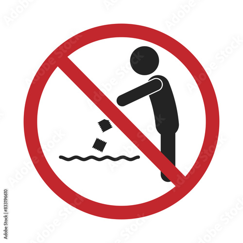 Prohibited sign throw waste on water, sea, river, lake, beach for keep clean sign, do not litter