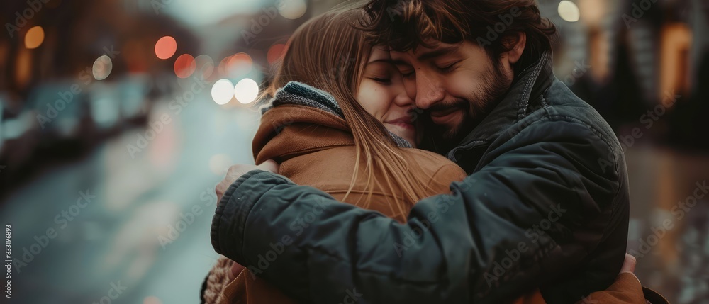 A couple embraces tightly on a city street, their eyes closed in a moment of affection and connection, with blurred city lights in the background creating a romantic ambiance. A couple embraces tightly on a city street, their eyes closed in a moment of affection and connection, with blurred city lights in the background creating a romantic ambiance.