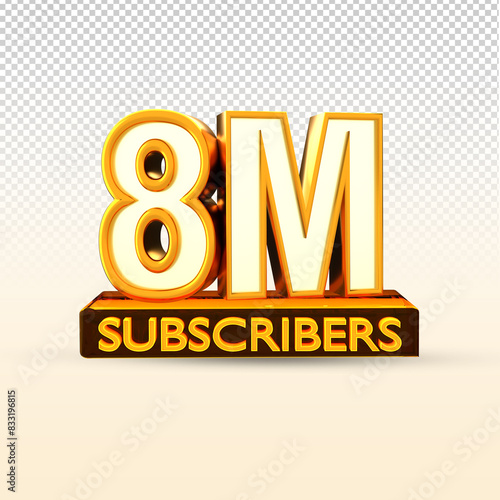 Golden 8M isolated on PNG background. 8M 3d. Thank you for 8Million Subscribers 3D gold. 3D rendering photo