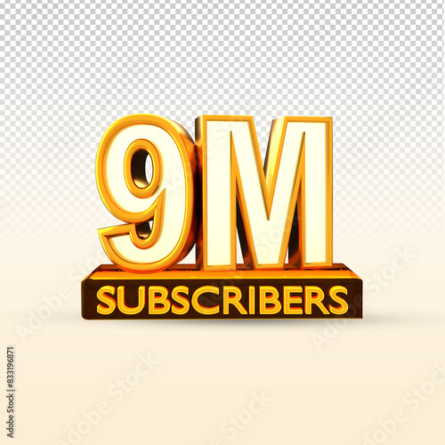 Golden 9M isolated on PNG background. 9M 3d. Thank you for 9Million Subscribers 3D gold. 3D rendering photo