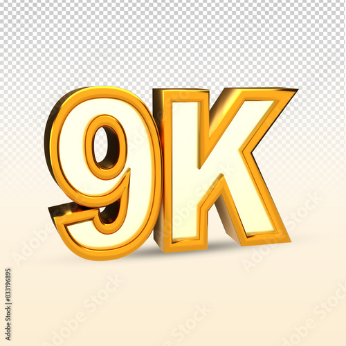 Golden 9K isolated on png background. 9K 3d. Thank you for 9K followers 3D gold. 3D rendering photo