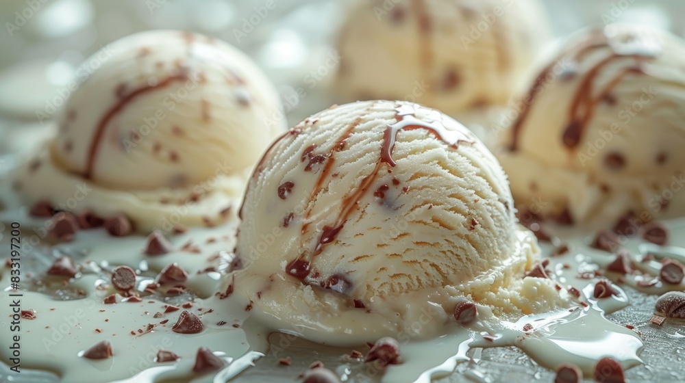 Ice cream scoops and melted ice cream on the floor, chocolate textures, green backgrounds, food photography, Ice cream scoops and melted ice cream on the floor, chocolate textures, green backgrounds, food photography,