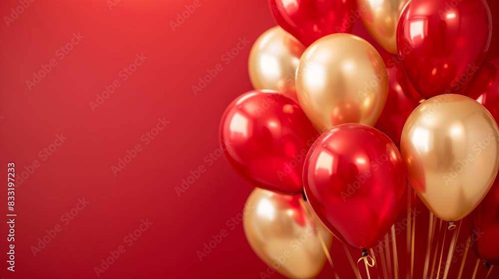 Birthday celebration with gold and red balloons, background festival banner, carnival or party theme, bright red backdrop