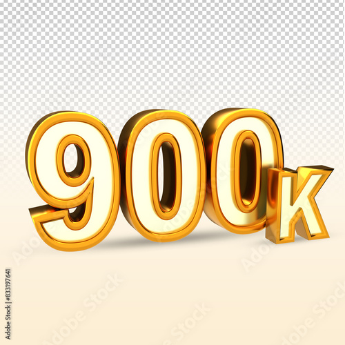 Golden 900K isolated on png background. 900K 3d. Thank you for 900K followers 3D gold. 3D rendering photo