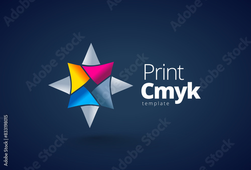 Logo Print CMYK color theme. Abstract Star geometric figure. Template design vector. Black background.