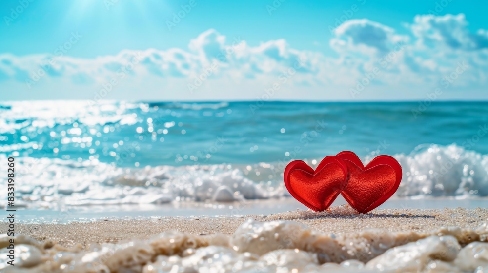 Valentine's Day background, two red paper hearts on white beach with blue sea and sky Valentine's Day background, two red paper hearts on white beach with blue sea and sky