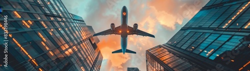 Airplane soars above modern skyscrapers in a bustling city photo