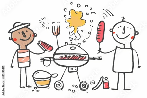 Cartoon cute doodles of a stickman having a barbecue with a grill and hot dogs  Generative AI