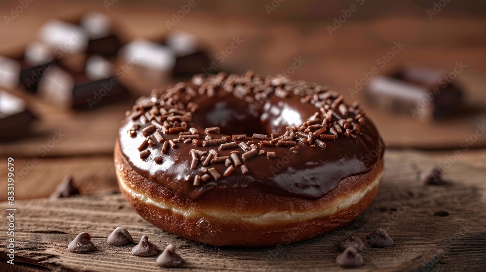 Delicious chocolate donut in sharp focus with a soft blurred background, ideal for food photography and ad space Delicious chocolate donut in sharp focus with a soft blurred background, ideal for food photography and ad space