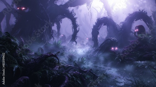 Dark alien planet's misty swamp, home to sentient plants with writhing tentacles and glowing eyes, shrouded in dim sunlight photo