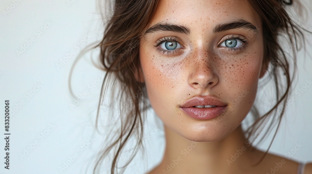 beautiful young woman with radiant skin, her expression calm and inviting, in soft beautiful young woman with radiant skin, her expression calm and inviting, in soft