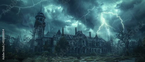 Abandoned asylum with dark clouds, lightning, and thunder, eerie ambiance, horror scene