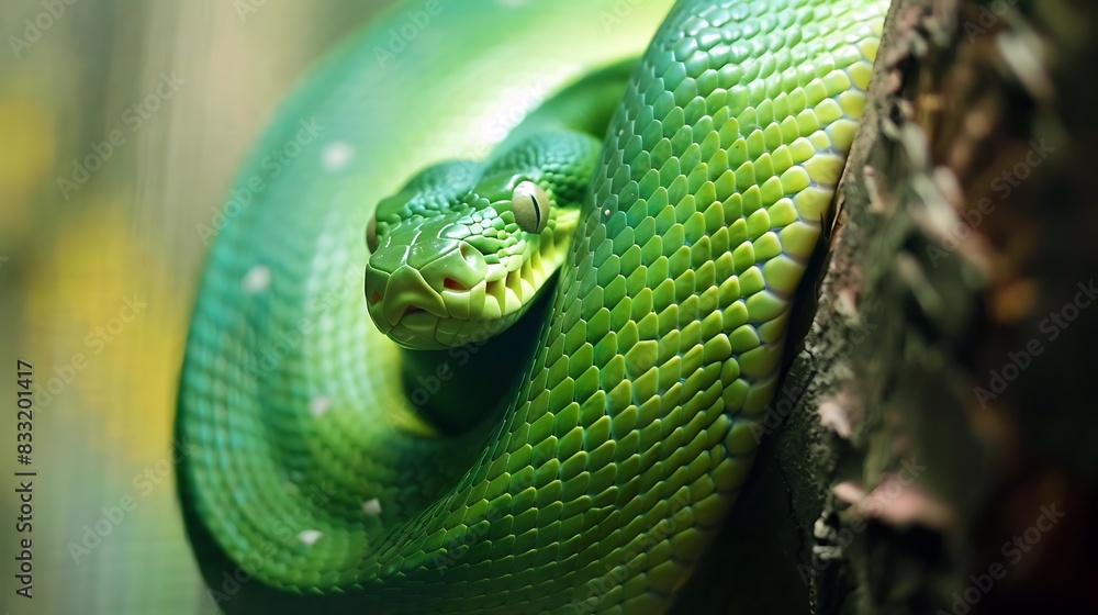 Close up of green snake on tree branch. Wildlife background concept. Close up of green snake on tree branch. Wildlife background concept.