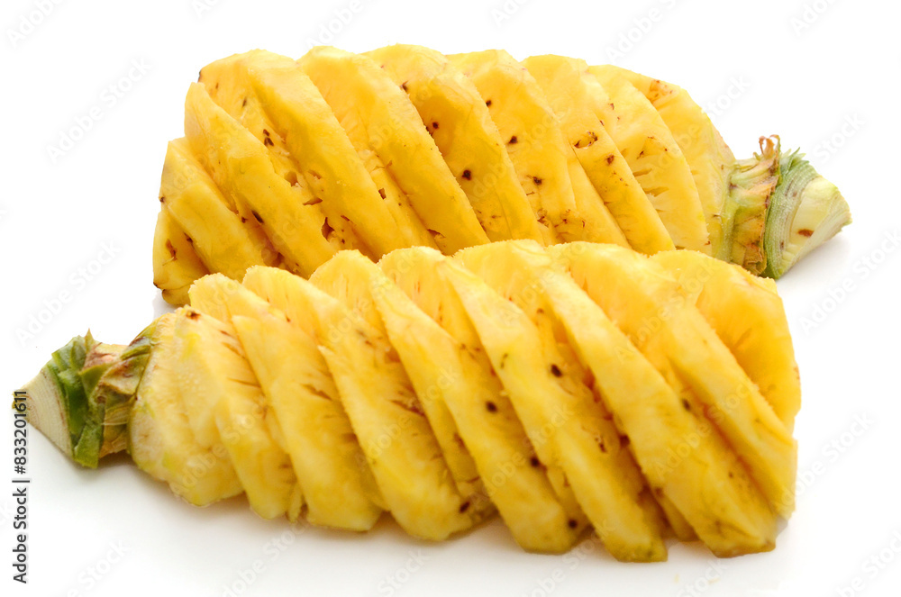 Fresh ripe pineapple, pineapple fruit slice isolated. Juicy fruit composition design element with stacked focus, white background. Tropical fruit delicious ingredients, healthy nutrition concept
Fresh ripe pineapple, pineapple fruit slice isolated. Juicy fruit composition design element with stacked focus, white background. Tropical fruit delicious ingredients, healthy nutrition concept