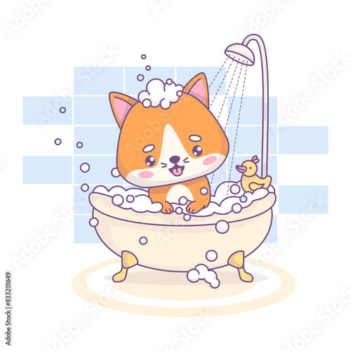 Funny red cat bathes in bath with foam in shower. Cute cartoon kawaii pet character. Vector illustration. Kids collection. Bathing, hygiene and beauty in bathroom
